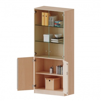 Schrank, 5 OH, Türen unten (2OH), oben 3 Vitrinentüren 2 Türen, abschließbar, B/H/T 80x190x50cm 